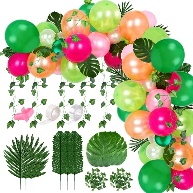 FEPITO 124Pcs Tropical Balloons Garland Kit - Pink Green Balloon Arch With Palm Leaves, Tape Strip, Dot Glue and Tying Tool for Party Decor, Birthday Supplies - Image 1